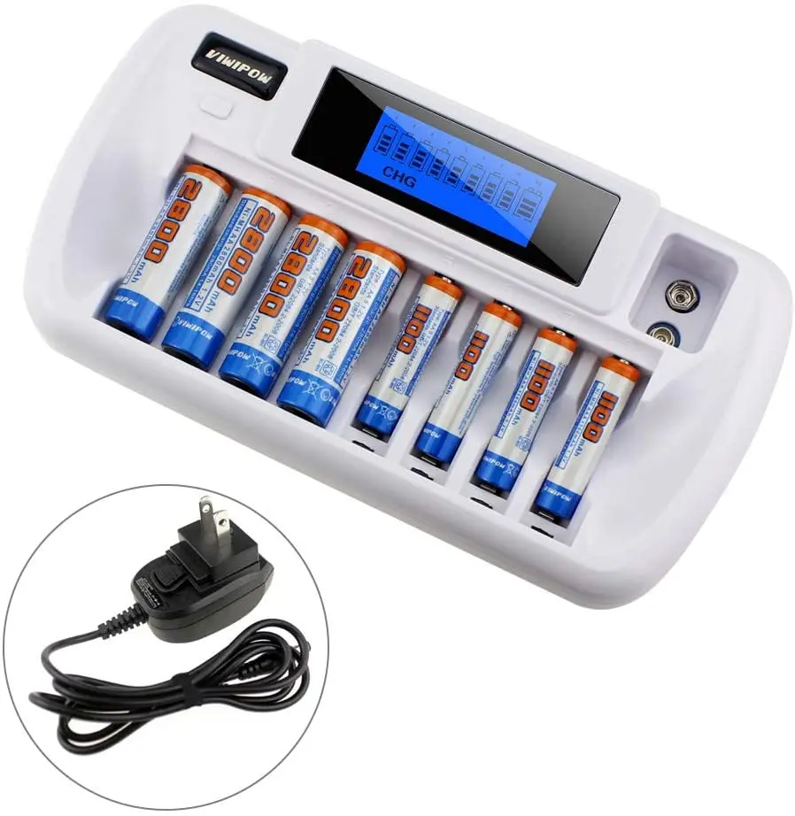 

8 Slots Fast Charger AA AAA 9V NIMH NICD Li-ion Rechargeable Battery Charger with LCD Display, Black