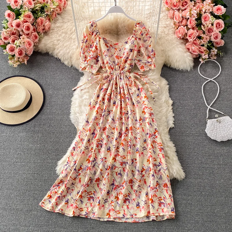 

New Fashion Women Beauty Dress Fashion Print Waist Elastic Slim Elegant Mid length Women Dress