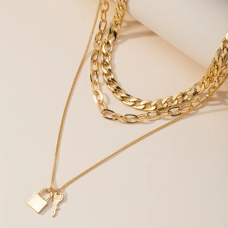 

Hip Hops 18k Gold Plated Layered Chunky Chain Necklace Brass Multi Layers Lock Key Pendant Necklace