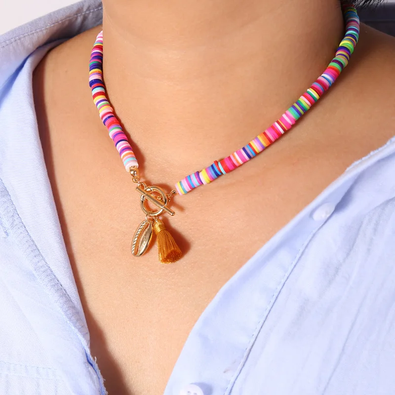 

New Style Bohemian Shell Soft Pottery Necklace With Tassel Pendant, Colorful