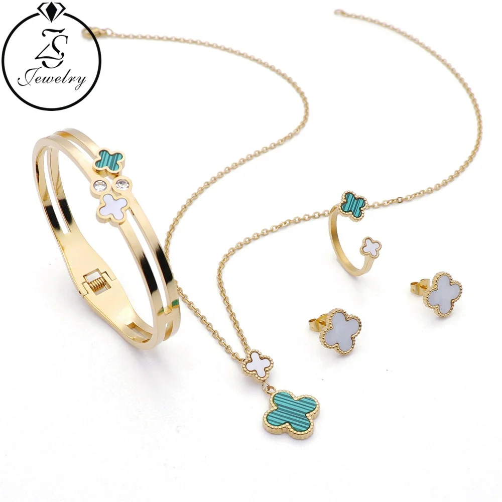 

Earring Bracelet And Necklace 18K Set Four Leaf Clover Wholesale Necklace Stainless Steel Bracelet Set, Gold