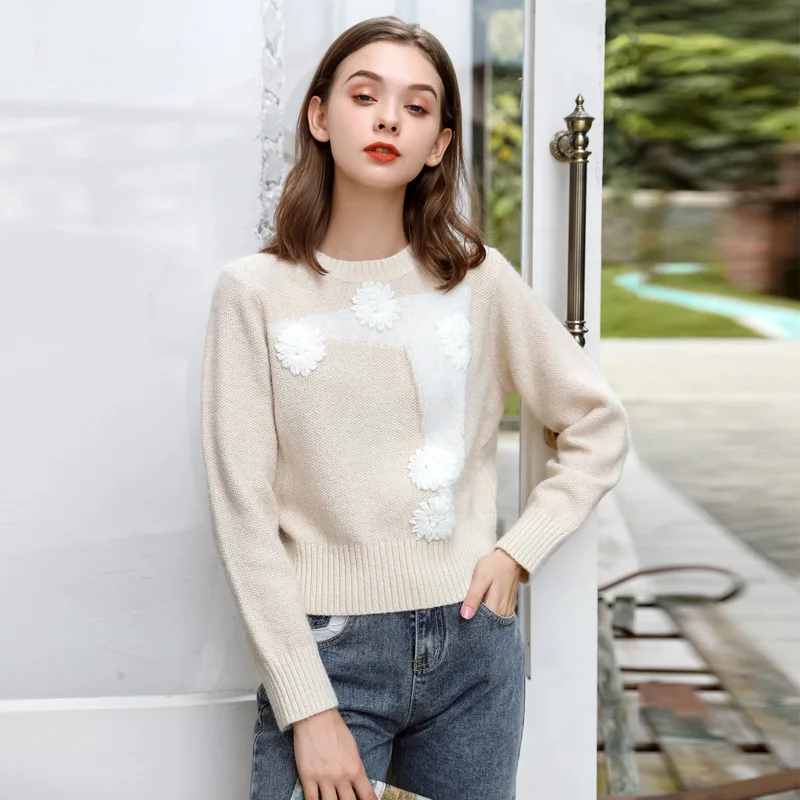 

Casual Cozy Long Sleeved O-neck Fashion Flowers Soft Solid Color Elegant Knitted Ladies Pullover Women's Sweater Tops, Customized color