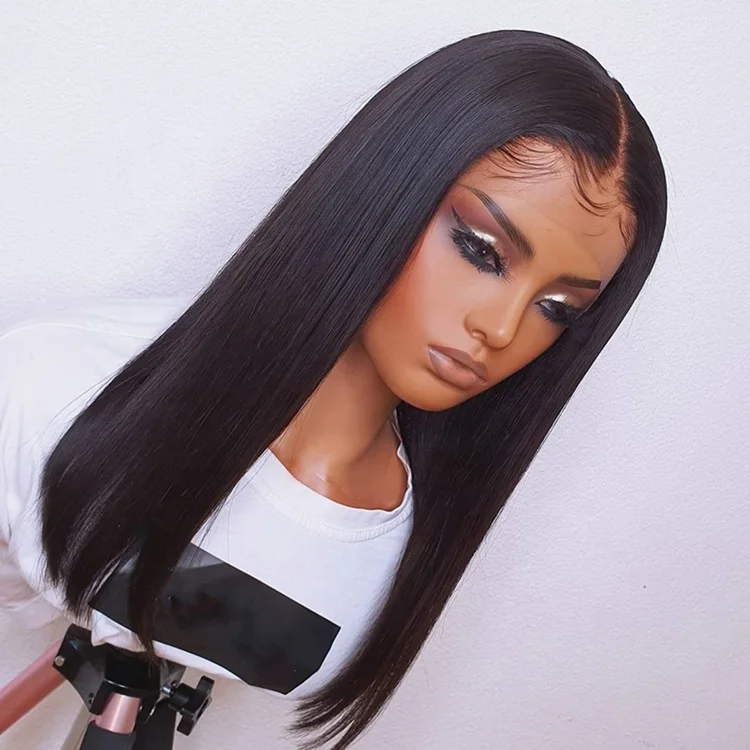 

100% Brazilian Virgin Human Hair Straight Bob Cut Hair Wig 13*4 Lace Front Wigs with Pre Plucked Natural Hairline, 1b