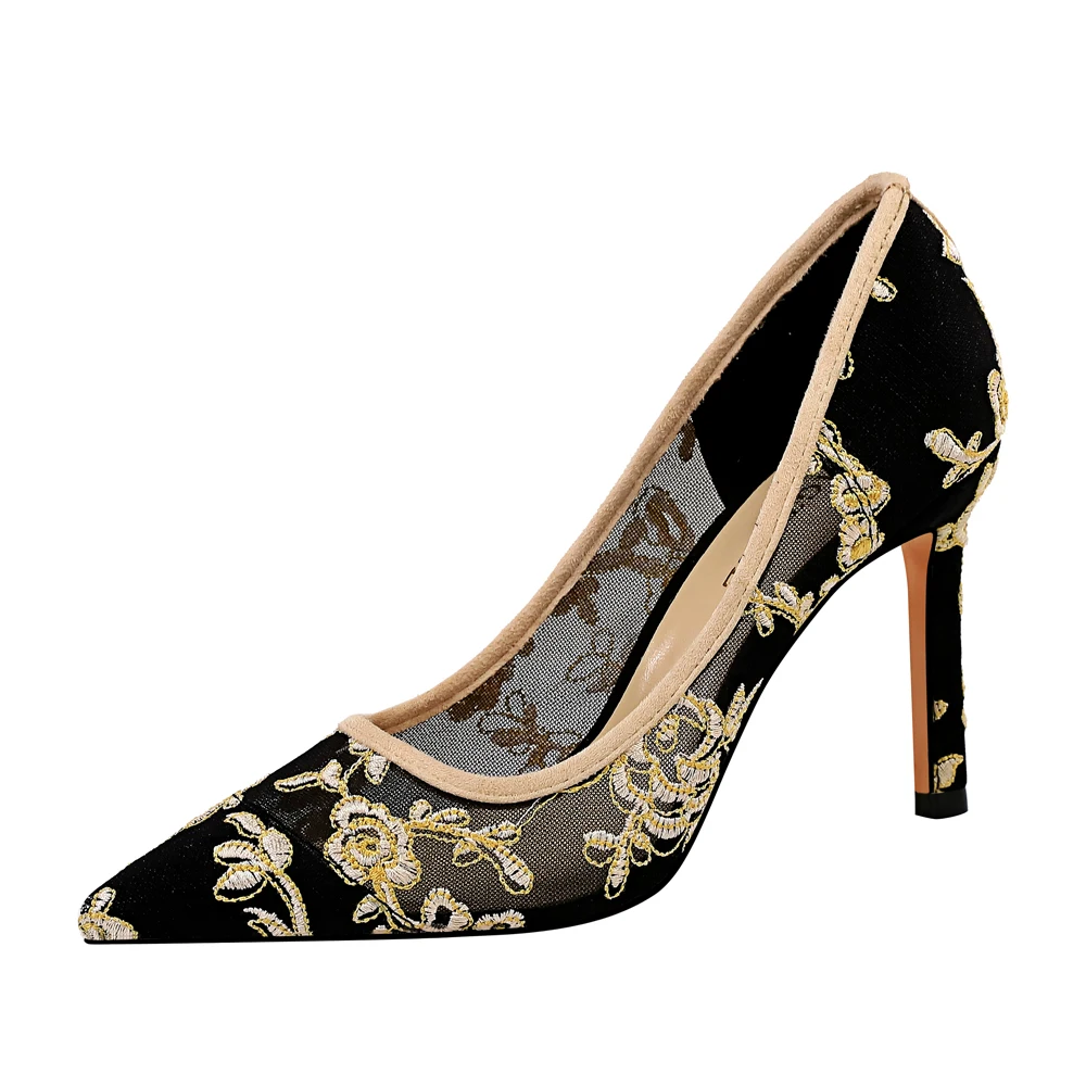 

1689-1 Fashion banquet women's shoes wedding shoes stiletto high heel shallow mouth pointed flower mesh lace single shoes