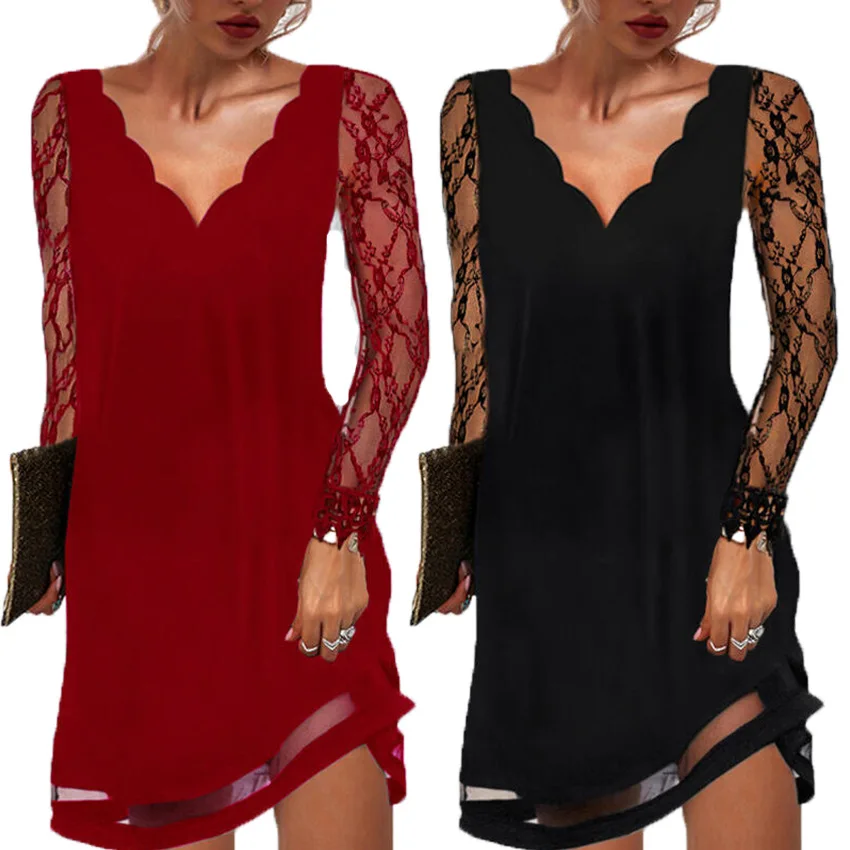 

Women 2022 New Spring Design Solid Color Lace V Neck Women Casual Dress, Optional