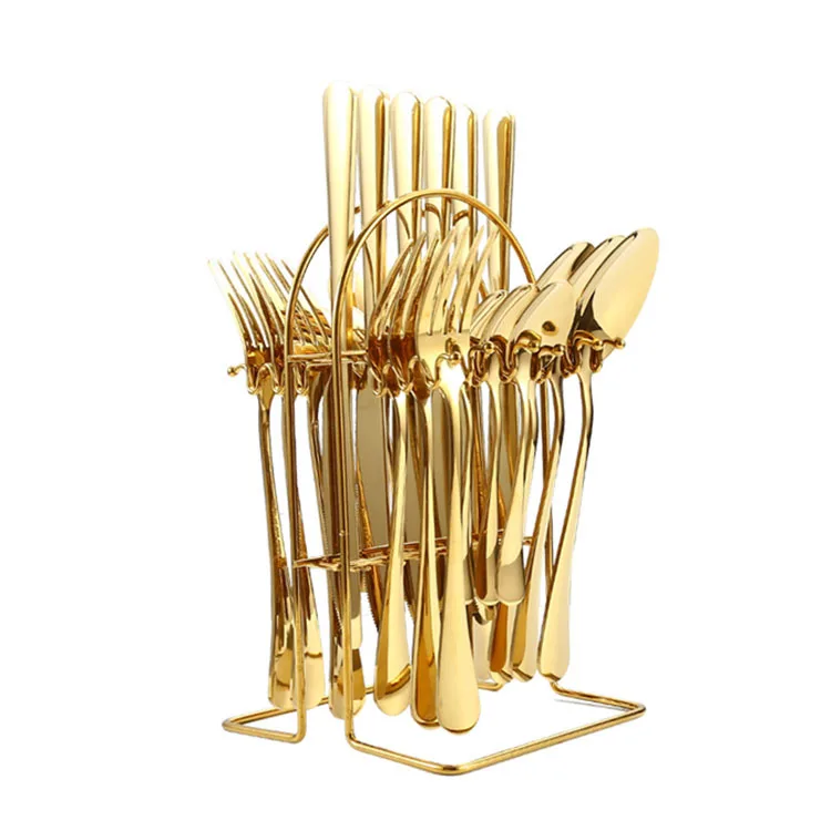 

Reusable Modern Gold Cutlery Tableware Holder Stainless Steel Cutlery Set 24pcs With Rack, Silver/gold/black/silver with coloful handle/gold with colorful handle
