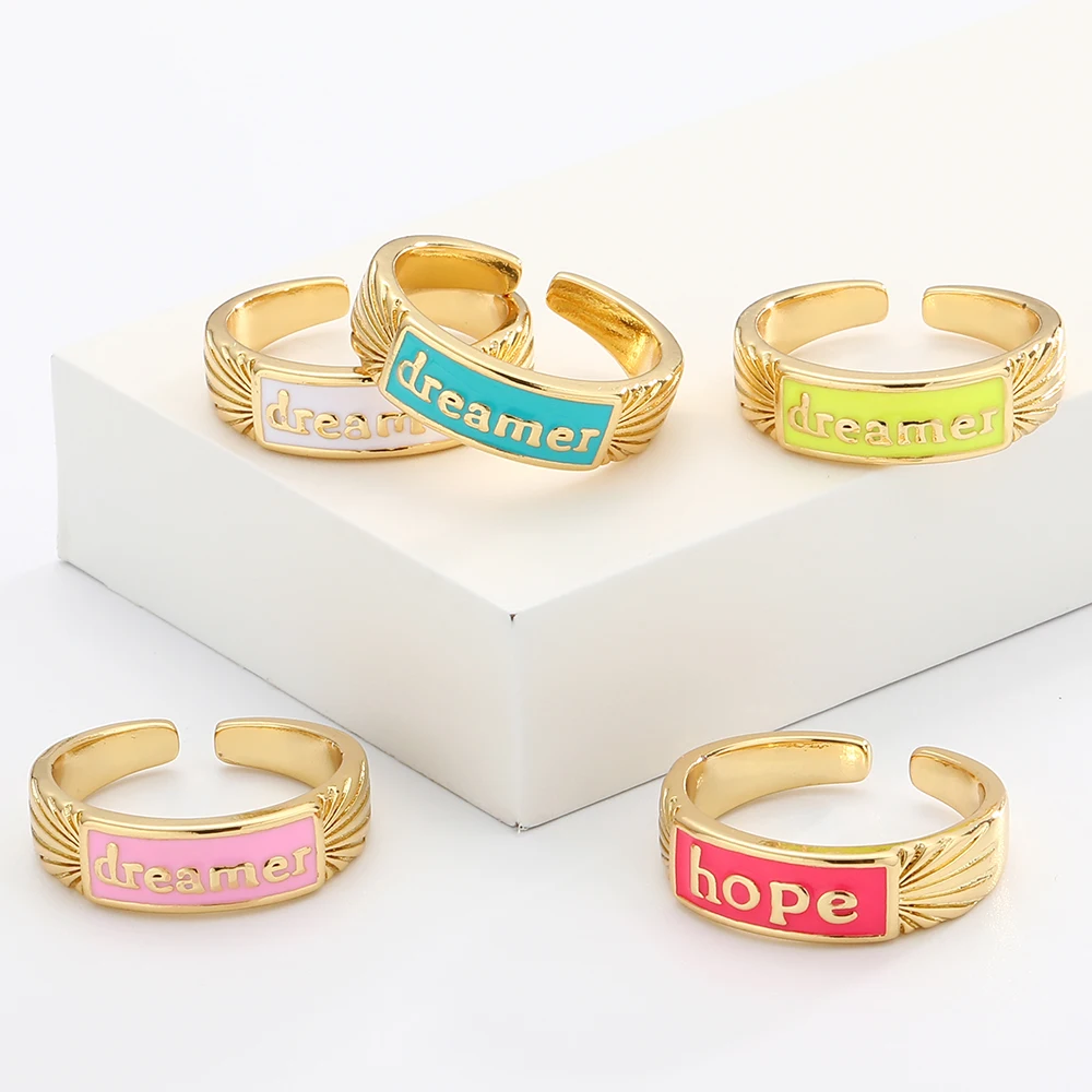 

Toefel enamel colorful adjustable square dreamer letter rings gold filled ring