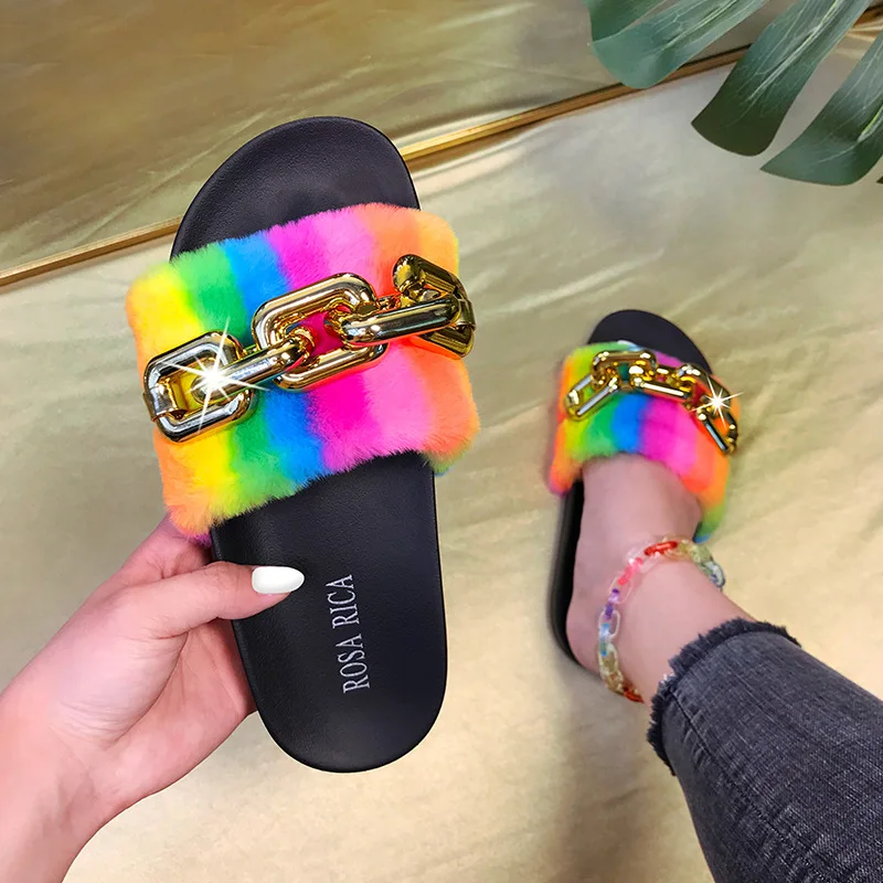 

Dropshipping fashion plush sandals chain flat sllides women casual outdoor slippers
