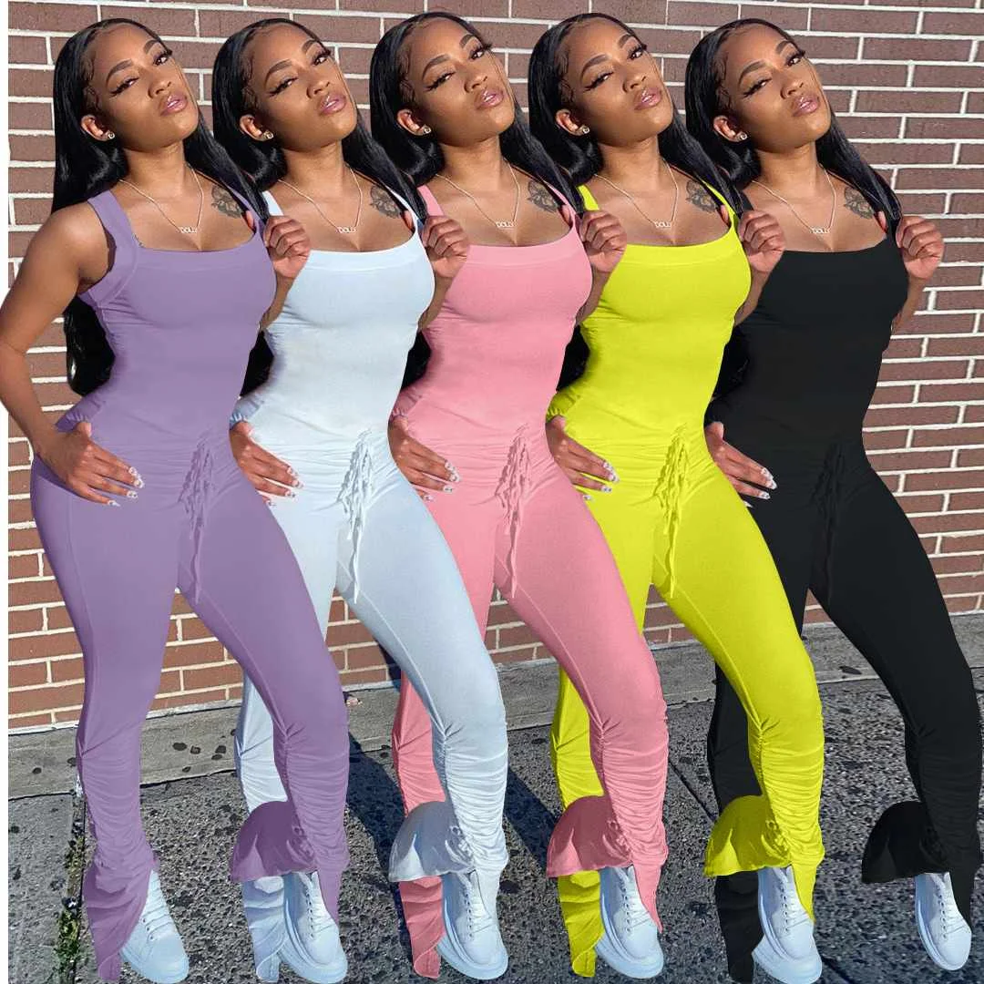 

2020 Summer New Style straight strap jumpsuit Lace Up Solid Colour Stacked jumpsuit One Piece Blackless Sleeveless Outfit Bodyc