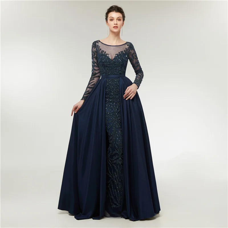 

2020 Long Sleeves Beaded Crystal Luxury Mermaid Navy Evening Dress Wine Red Evening Dresses With Detachable Train, As picture or your request