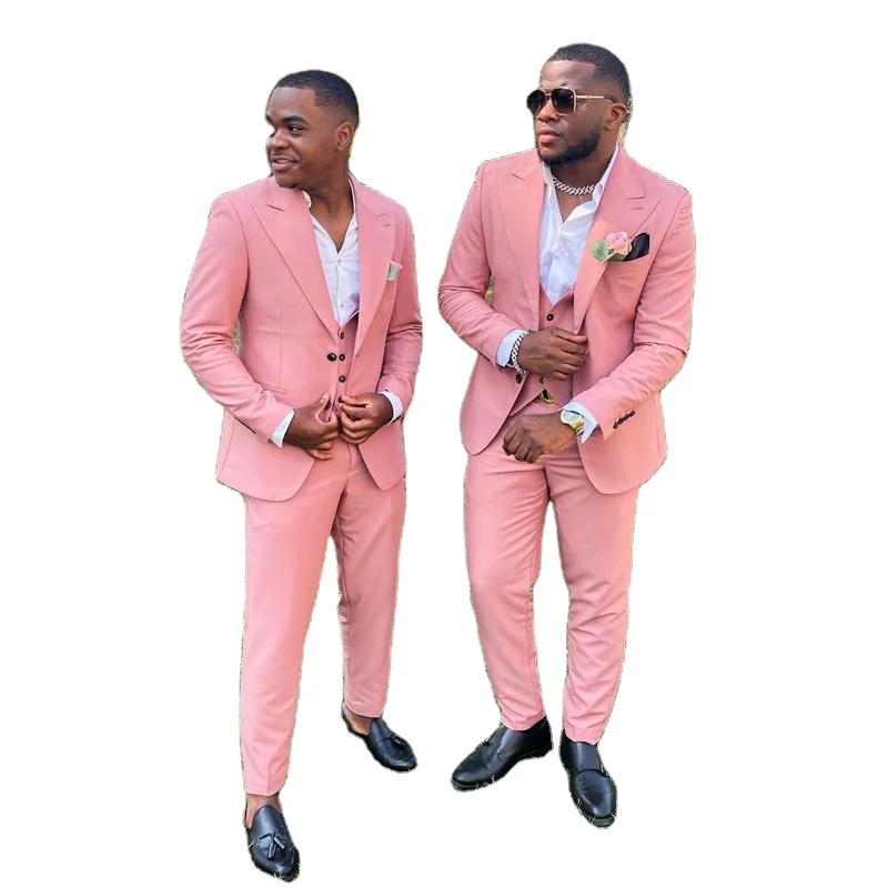 

2022 Pink 3PCS Business Suits Set Men Suits Formal Suits Groom Wedding Tuxedos Peaked Lapel Costume Homme(Jacket+Pants+Vest)