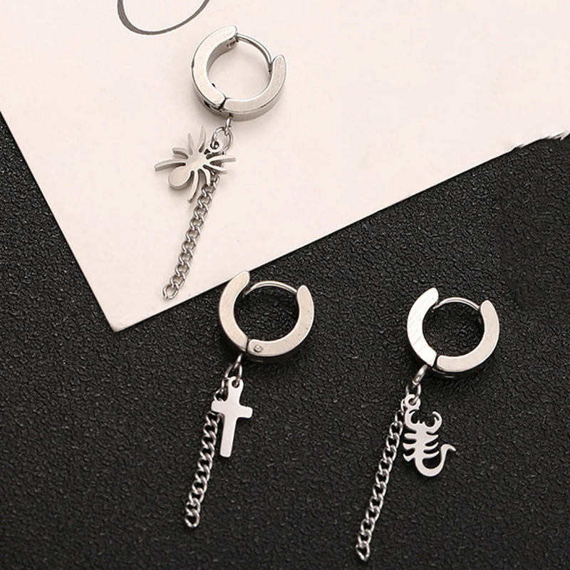 

2021 Newest Cross Spider Scorpion Pendant Earrings Stainless Steel Jewelry Long Chain Tassel Men's Ear Clip On Earrings