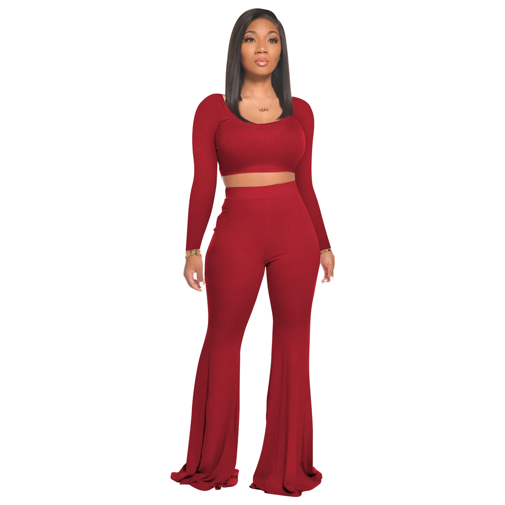 

New spot solid color round neck slim crop top casual flared pants ribbed two-piece for women