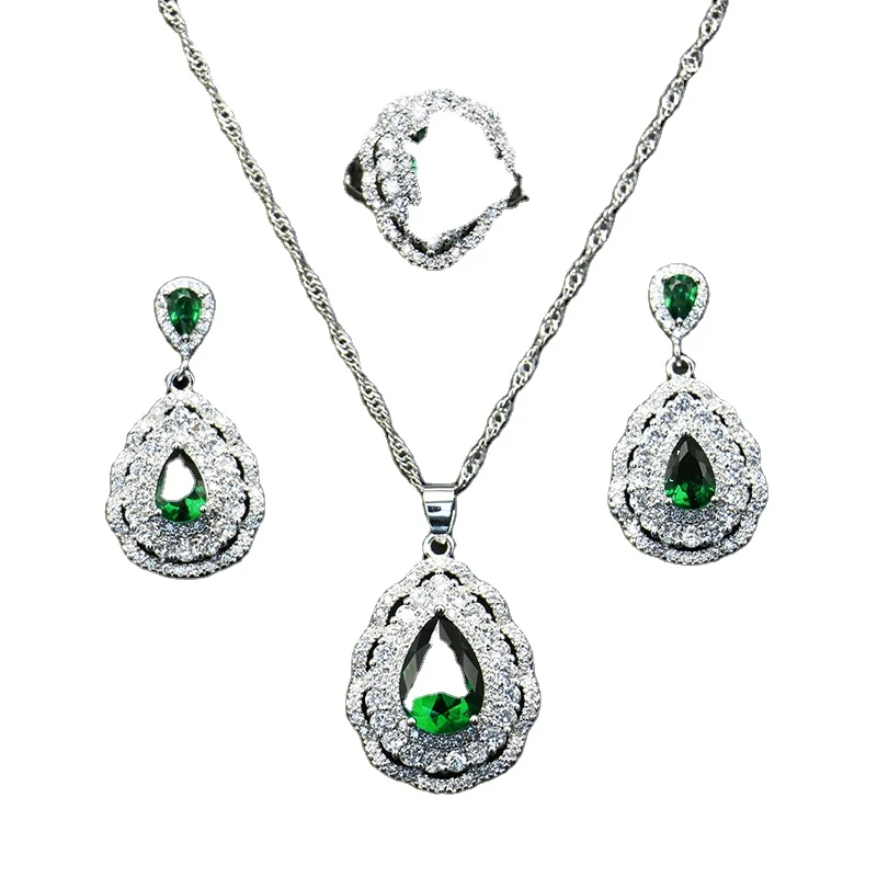 

Beautiful Green Emerald Jewelry Set 925 Silver Necklace Pendant Earrings Ring Zircon Rings Women Jewelry Sets for Party, Picture shows