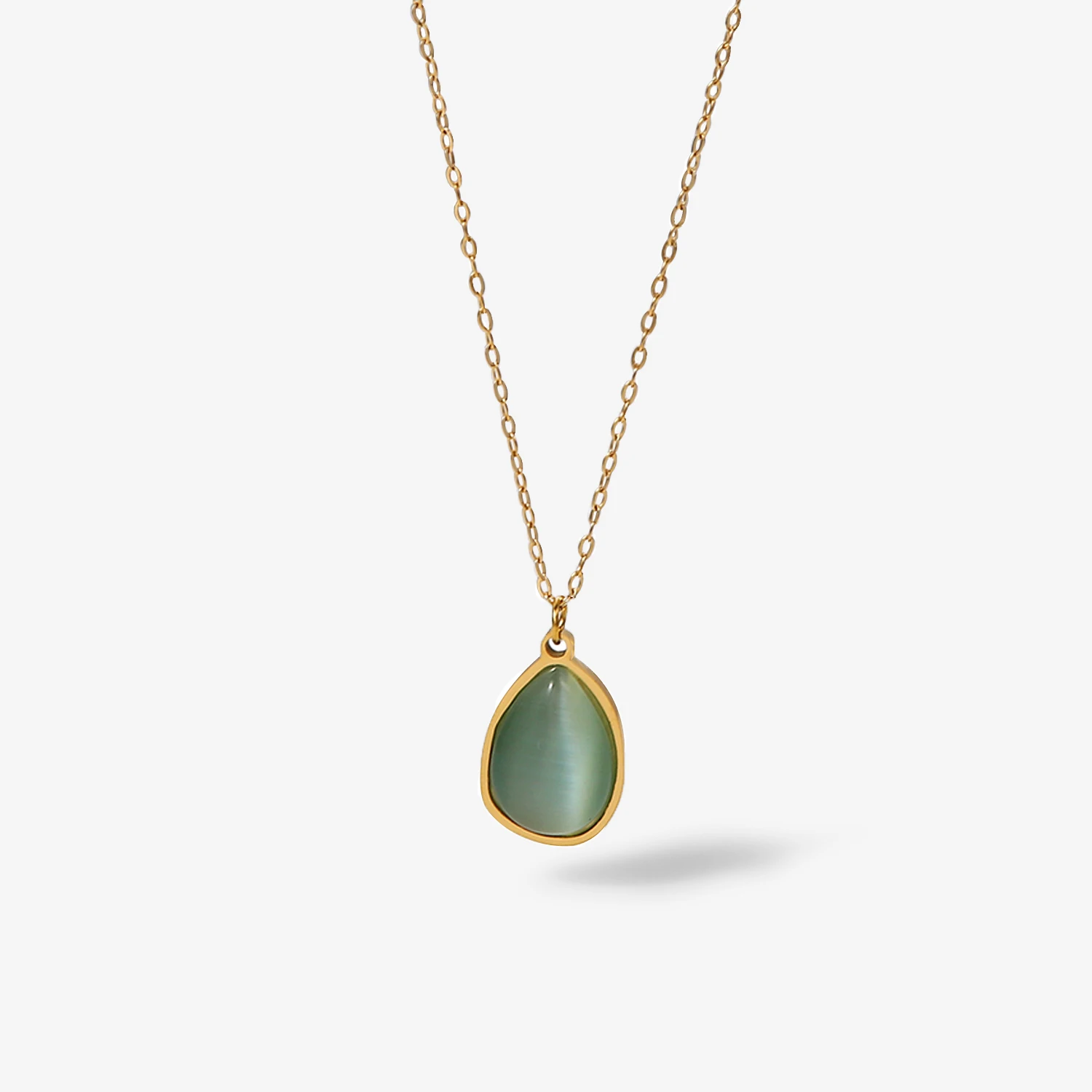 

Water Drop Titanium Steel Pendant Necklace 18K Gold Plated Stainless Steel Green Opal Stone Necklace