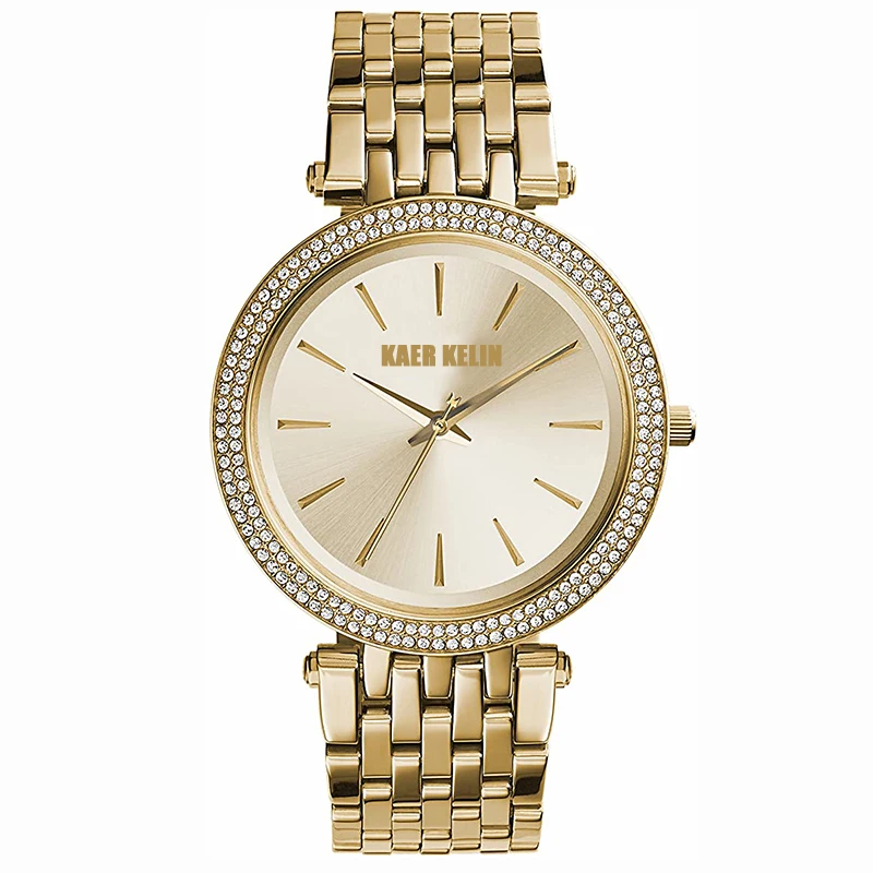 

3 Hands Movement Quartz Watch with Glitz Accents, 39MM Ladies Wathes Round Stainless Steel Case with A Gold Dial for Women