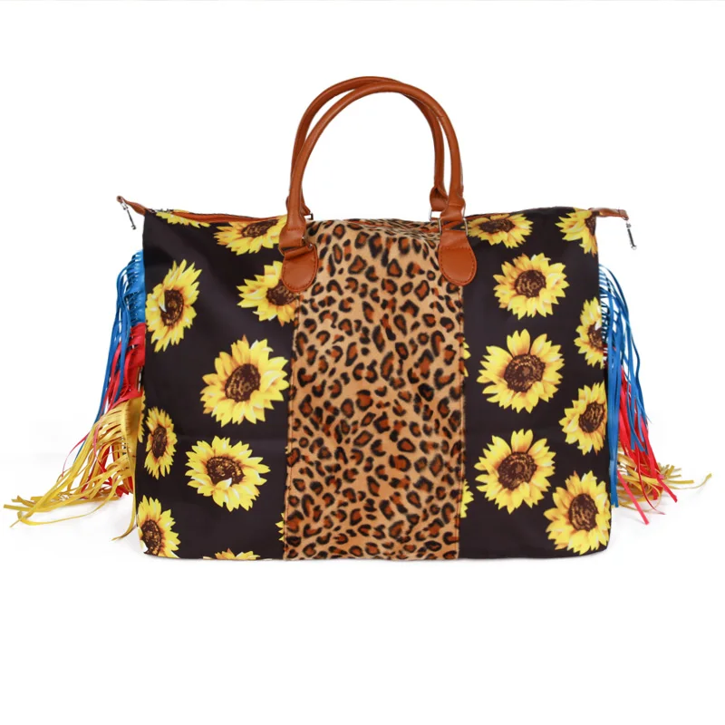 

Free Shipping Sunflower Leopard Fringe Weekender Boutique Bag Personalized Women Canvas Overnight Bag with Tassel for Lady, Serape&leopard,leopard,rainbow,sunflower,etc.
