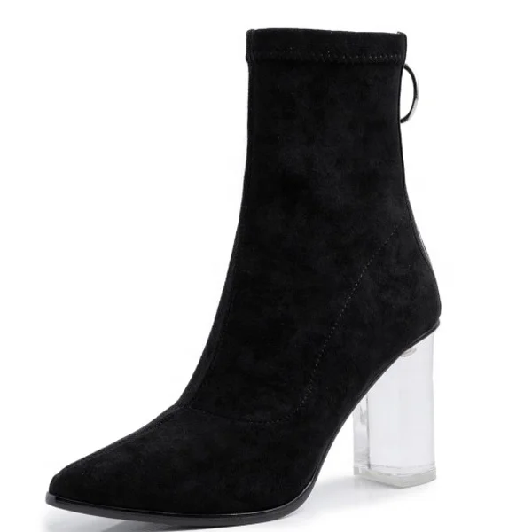 

Stretch Suede Fabric Lady Ankle Boots Clear Chunky Heel Dress Booties Pointed toe Transparent Heels Women Short Boots, Black