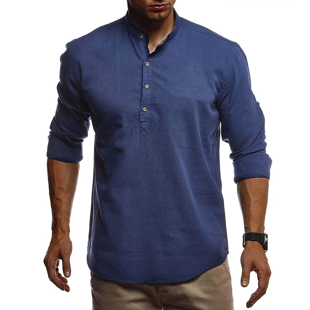

Men's Casual Fashion Shirt Youth Solid Long Sleeve Standing Collar Linen Shirt