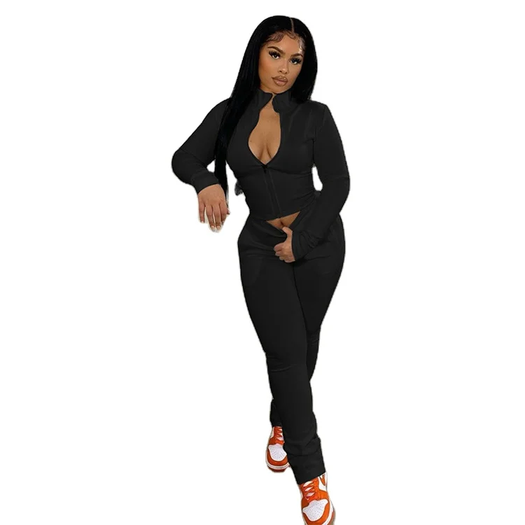 

LN2033 autumn long sleeve zipper bodycon 2 pieces sets outfits tracksuit womens clothing two piece pants set