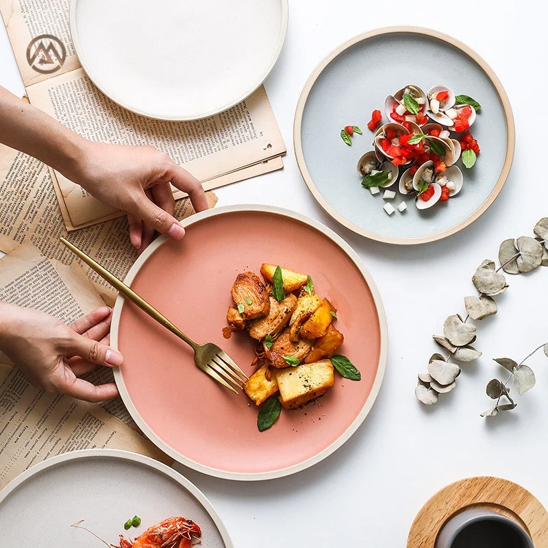 

Round Matte Dishes Porcelain Plate Ceramic Sets Luxury For Restaurant Dinner Plates, Pink,blue,white,grey