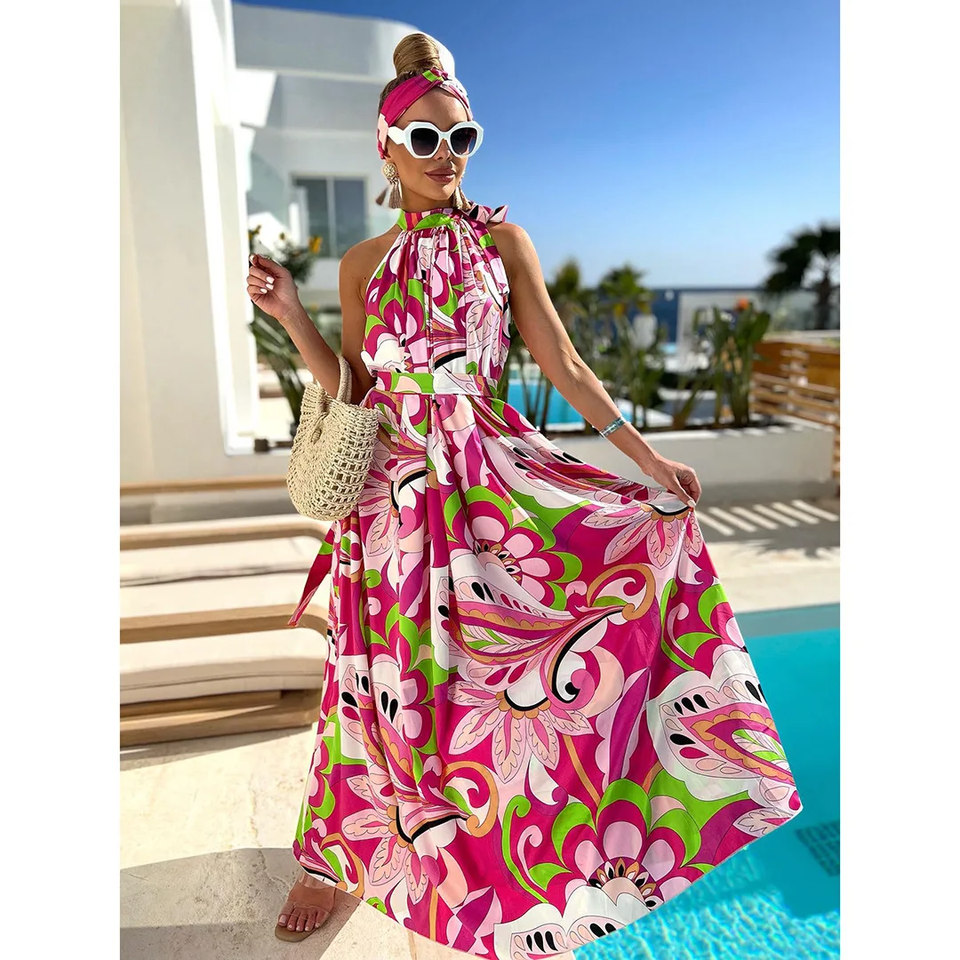 

JSN9202569 2024 new arrival hot selling floral print Sleeveless one-piece beach dress for lady