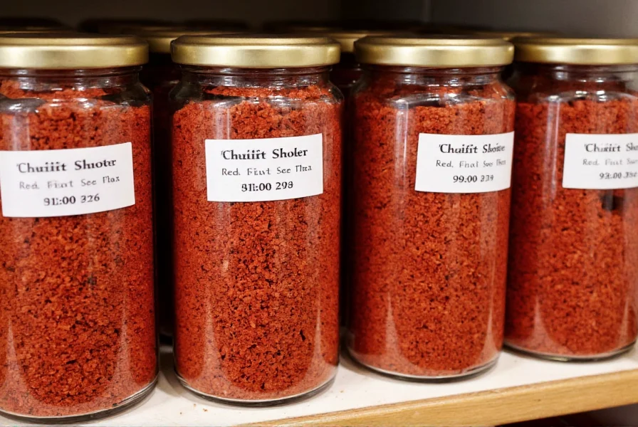 Crushed red chili stored in glass jars with proper labeling showing storage date and contents