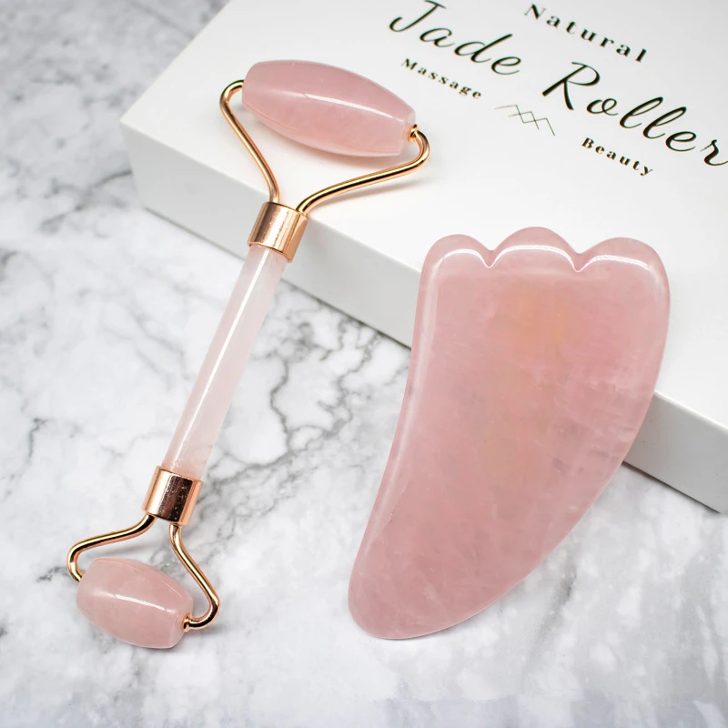 

Hot Selling OEM Private Label Anti Aging Jade Stone Massage Set Gua Sha Rose Quartz Jade Face Roller with Box