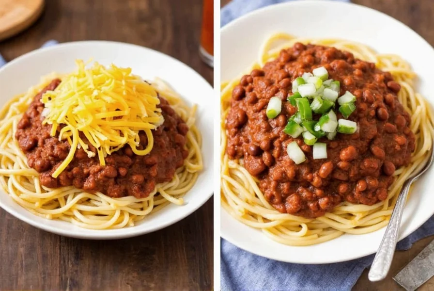 Side-by-side comparison of Cincinnati chili served in different ways with cheese, onions, and beans toppings on spaghetti
