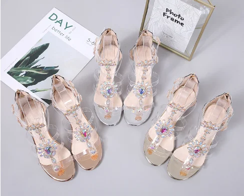 

Factory direct selling new summer women's thick heel button belt transparent Rhinestone middle heel sandals, Gold, silver, champagne