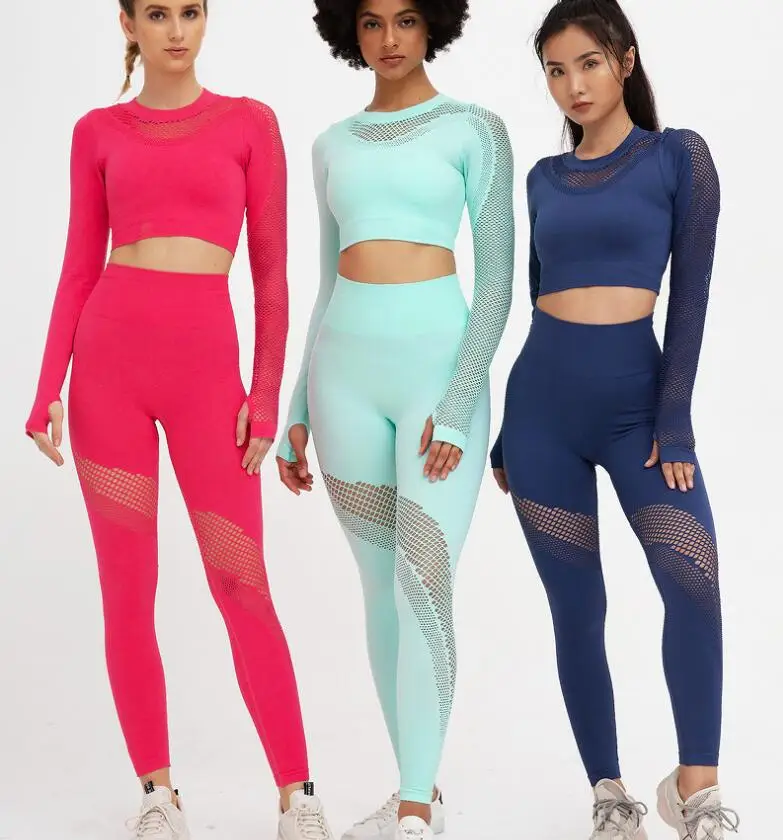 

Women Seamless yoga set Fitness Sports Suits Gym Cloth Yoga Long Sleeve Shirts High Waist Running Leggings Workout Pants Shirt