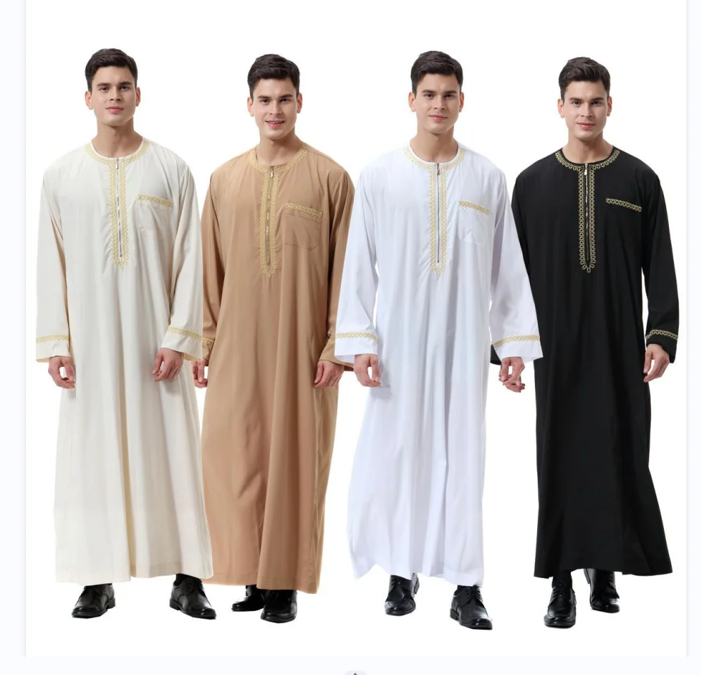 2026 Middle East Men Muslim Thobe Robe Embroidered Long Sleeve Kaftan Multi Islamic Eid Prayer Arab Abaya Factory Wholesale