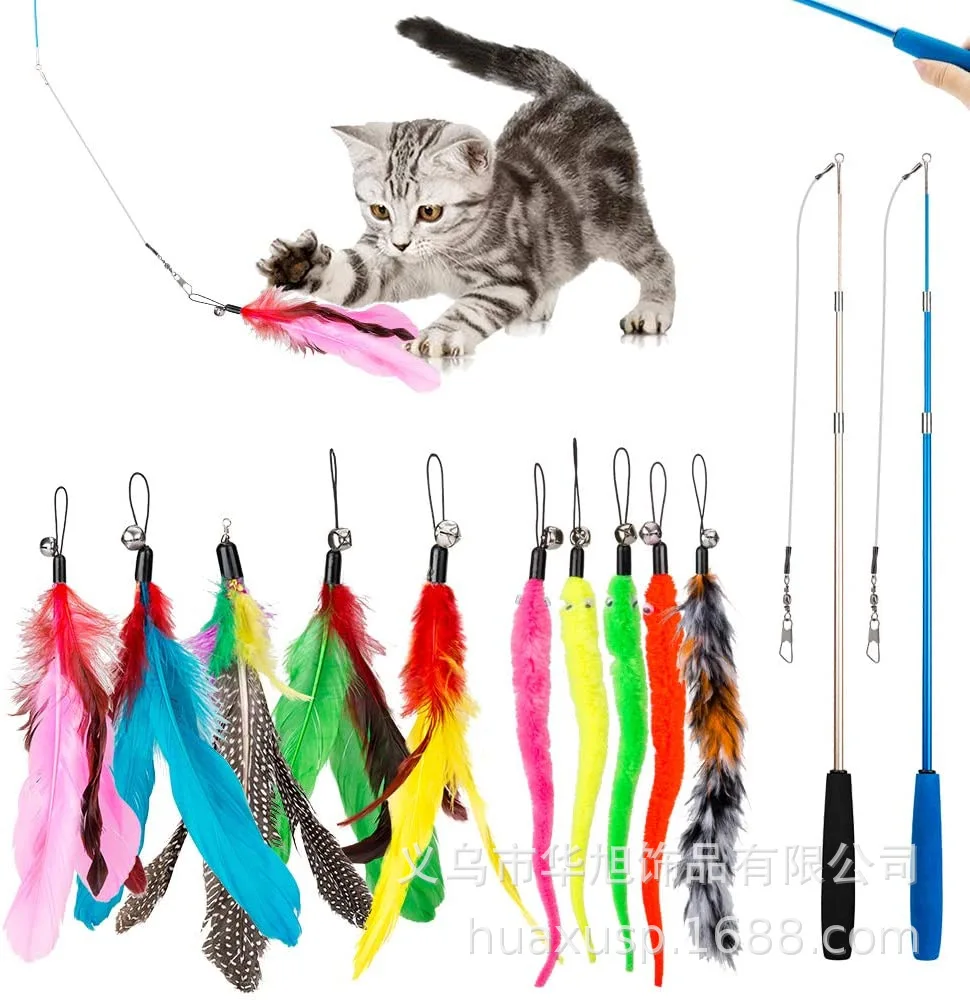 

Cat Toy Feather with Fishing Rod Three Section Cat Teaser Stick Replacement Set