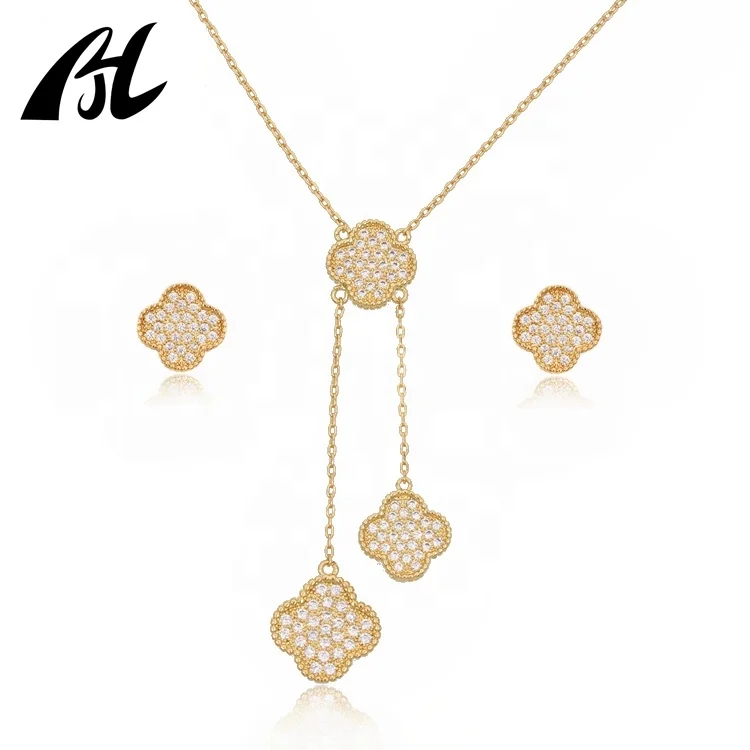 

Spot Custom Dubai 24K Gold Brass Inlaid AAA Zircon Jewelry Set Jewellery Clover Earrings Necklace Jewelry Sets For Women, 24k gold plated platinum plated rose gold plated