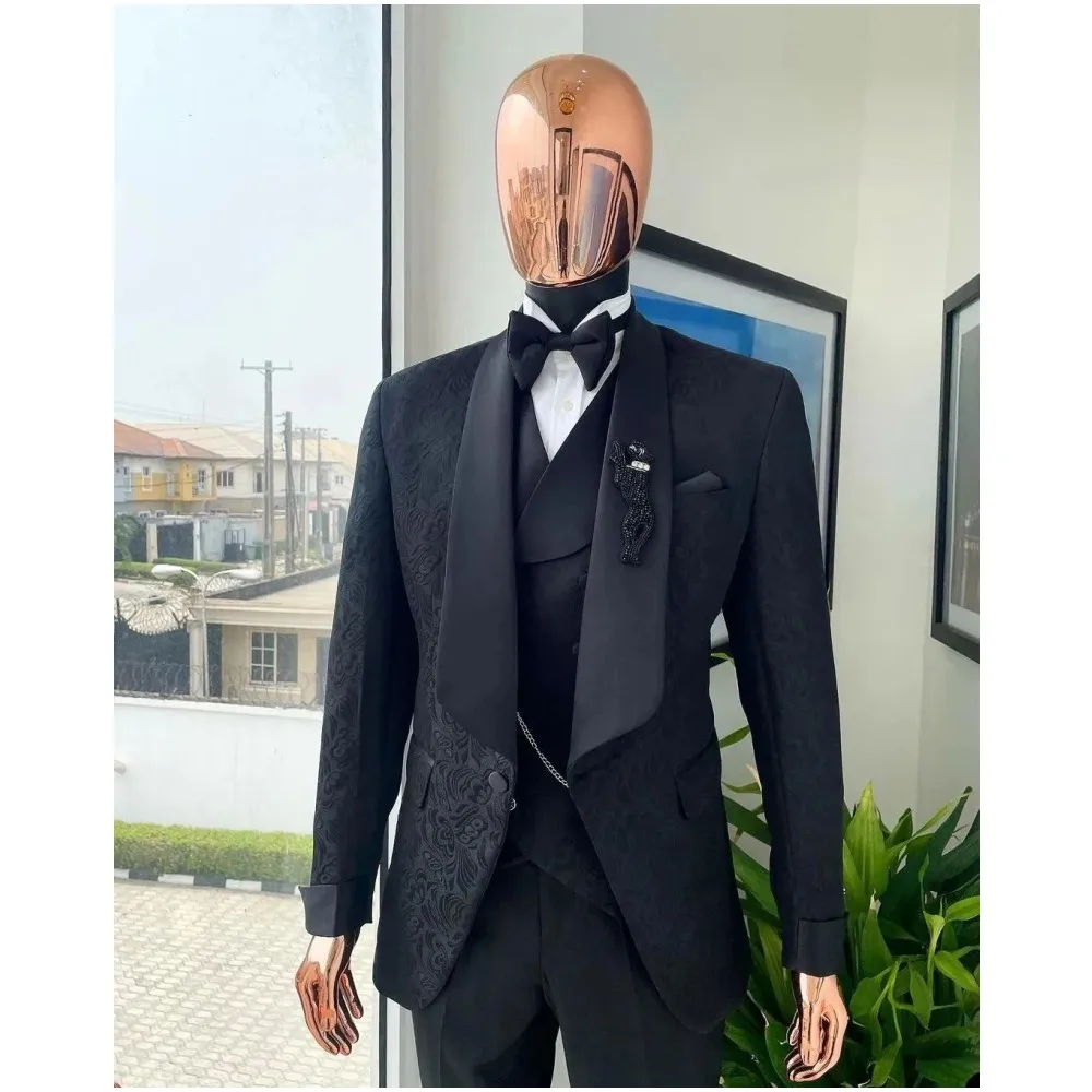 Black Floral Jacquard Mens Suits 3 Pieces Regular Fit Shawl Lapel Tailored Vintage Wedding Groom Dress Tuxedos Costume Homme
