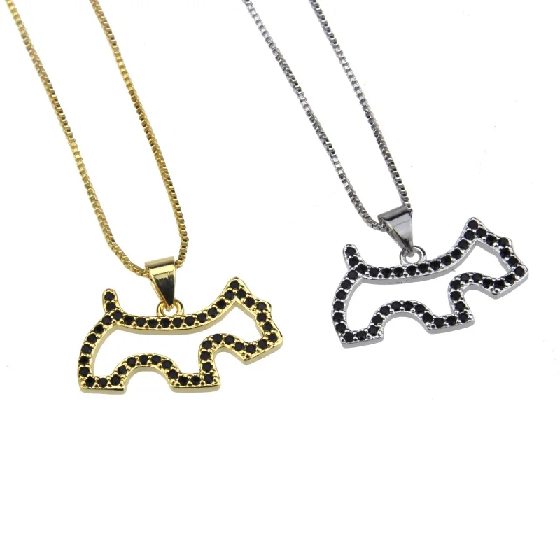 

New Design 2 Color Brass Necklace Black Cubic Zirconia Puppy Shape Necklace Ladies Fashion Jewelry Pendant Necklace Gift, Gold color