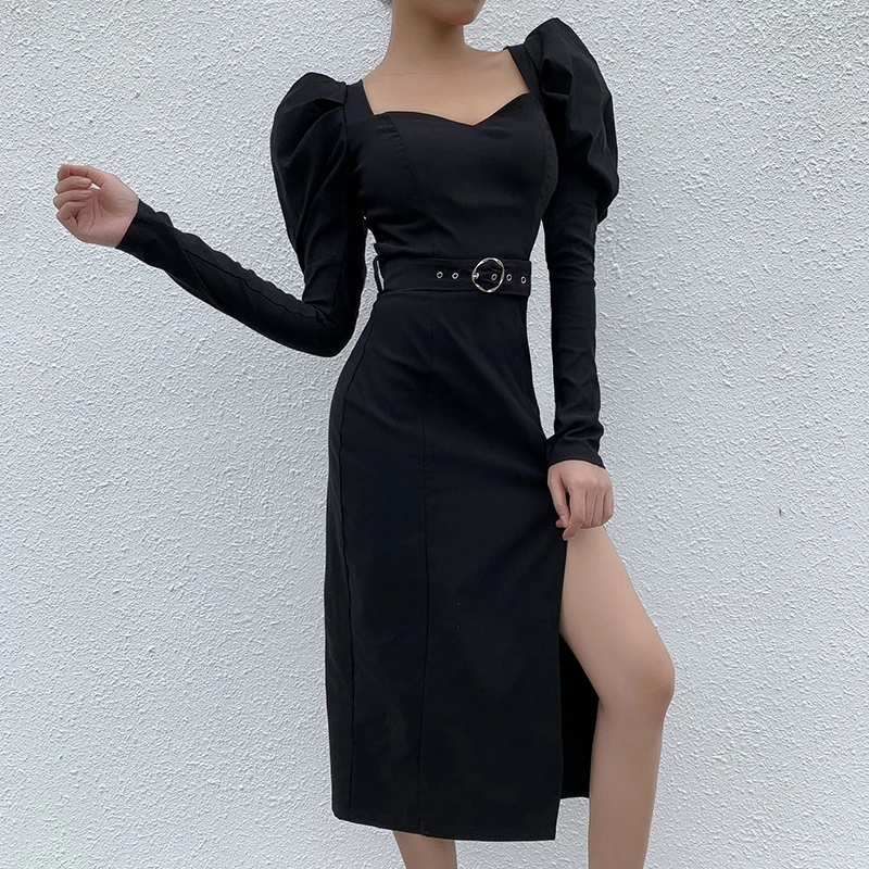 

New arrvials 2020 evening elegant lady midi dress with shoulder long sleeve solid black red wine vintage bodycon dress lady