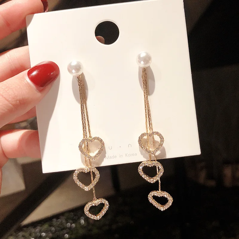 

Simple Design Copper Alloy Crystal Hollow Heart Shape Tassel Earrings For Women New Fashion Jewelry Gift