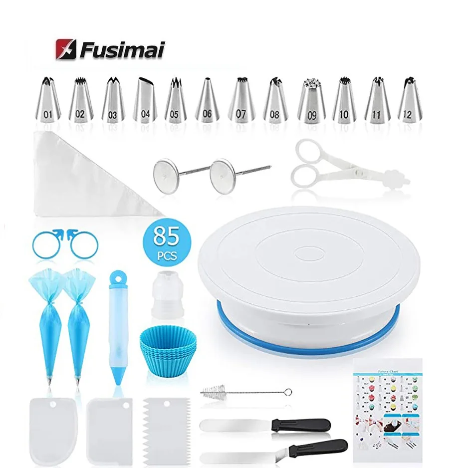 

Fusimai Amazon 85-piece Turntable Set Tip Bag Tool Baking Cake Decorating Kit- 85pcs Cake Decoration Tools