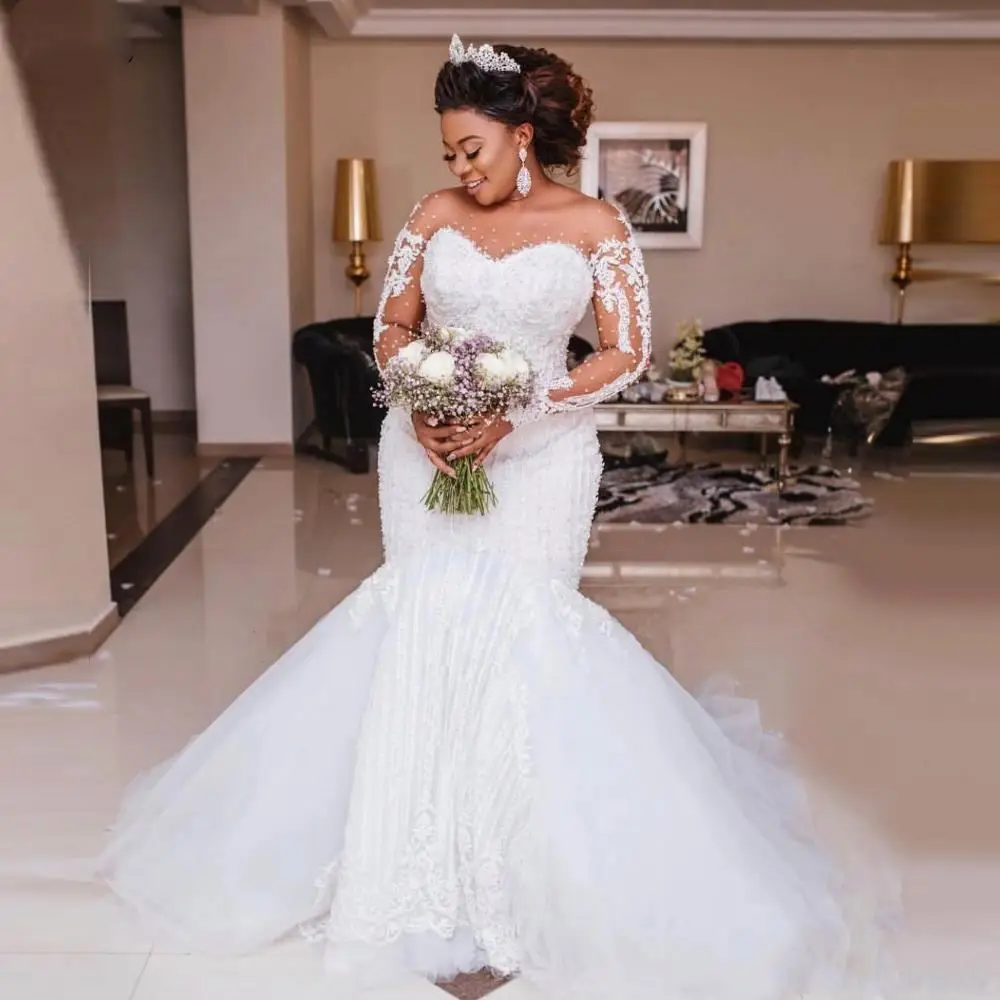 

2021 African Luxury Appliques Pearls Wedding Gowns Plus Size Black Vestido de noiva Long Sleeve Mermaid Wedding Dress MWA509