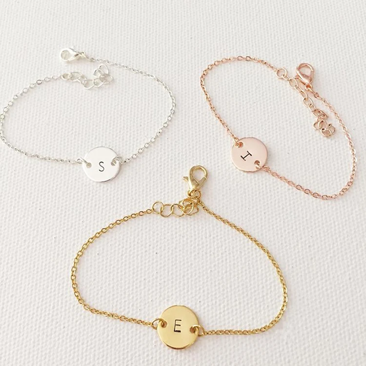 

dainty gold plated 925 sterling silver personalized engraving initial coin charm bracelet for women