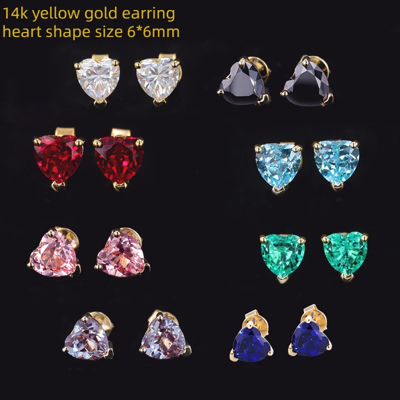 

starsgem 14k yellow gold heart shape size 6*6mm moissanite lab sapphaire emerald ruby fancy color earring