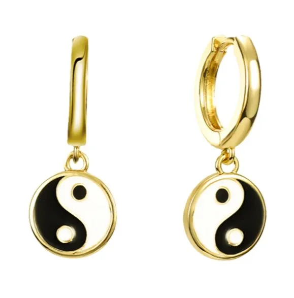 

14k Gold Jewelry Wholesale Enamel Jewelry Black and White Enameled Tarot Card Earrings Gossip Chinese Tai Ji Yin Yang Earrings, Gold,rose gold,black and silver