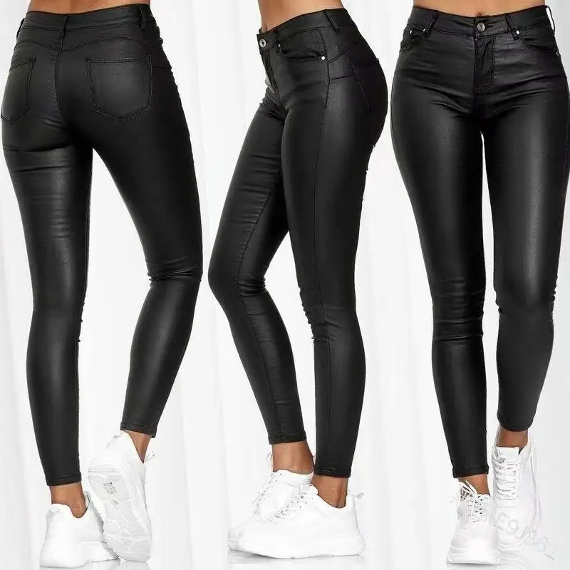 

2021 Women PU Leather Long Pants Black Tight Trousers, As picture