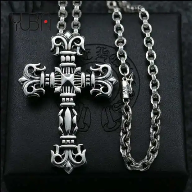 

European and American fashion accessories men's sweater chain winter accessories Silver totem flame Cross Silver Pendant