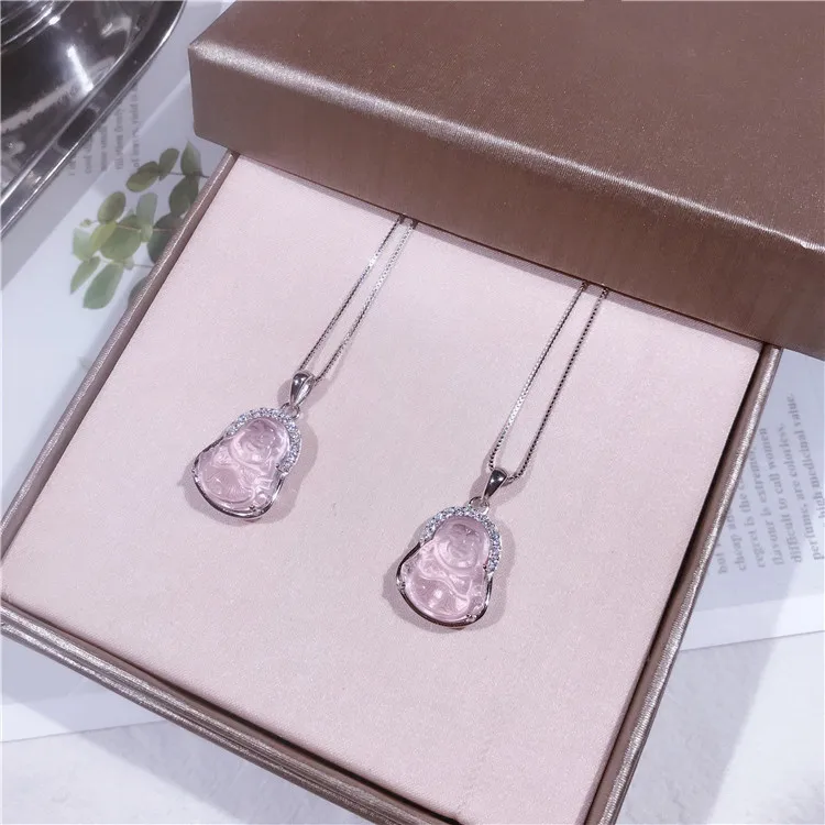 

925 sterling silver classic pink crystal Buddha clavicle pendant necklace for ladies, Picture