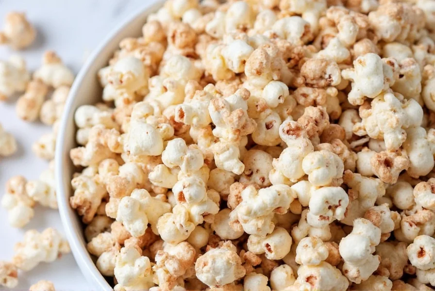 Three bowls showing different preparation methods for cinnamon sugar popcorn: stovetop, air fryer, and microwave