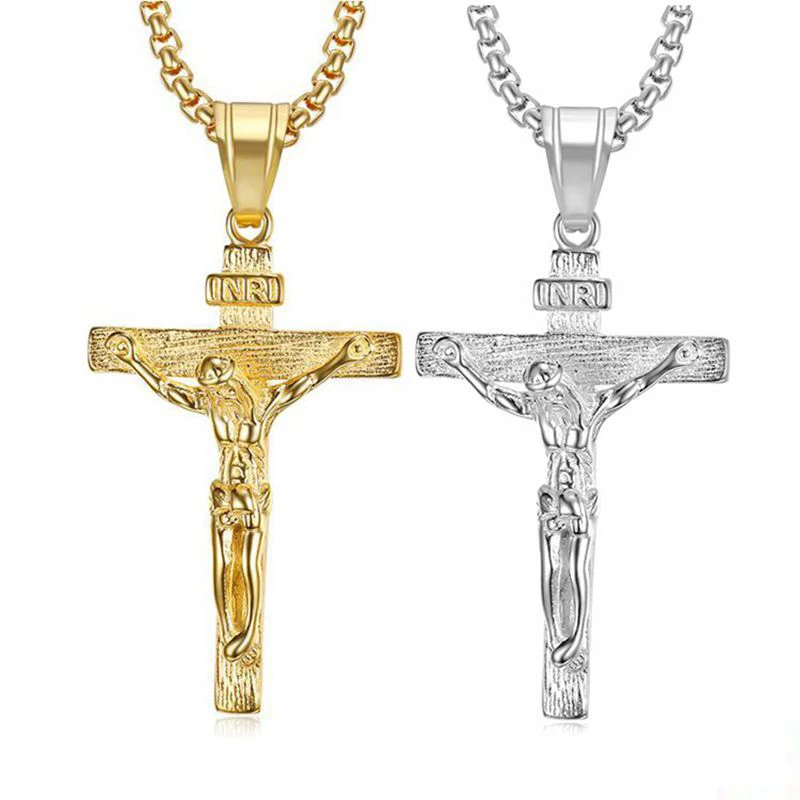 

Blues RTS high quality stainless steel craved religious letters solid gold jesus cross pendant for men jewelry