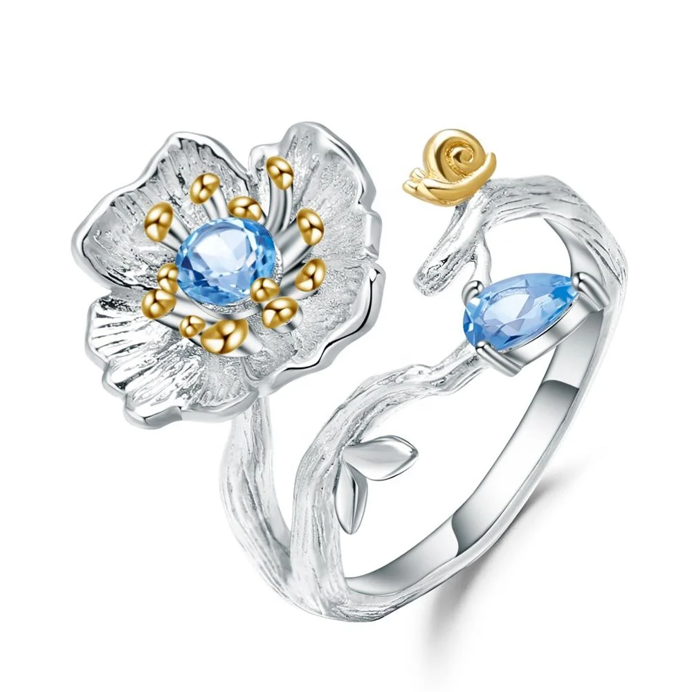 

C7772 Abiding Natural Swiss-Blue Topaz Gemstone Fashion Bijoux 925 Sterling Silver Flower Rings Jewelry Women