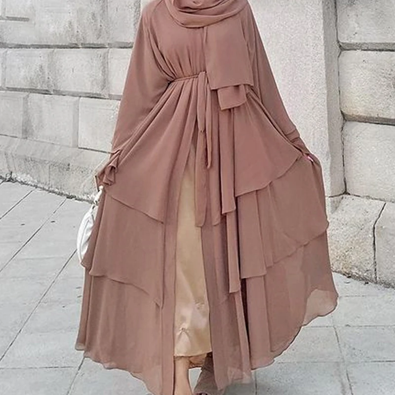

12 Colors Dubai Turkey Kaftan Cardigan Muslim Dresses 3 Layers Chiffon Solid Open Abaya Kimono Islamic Clothing, 7 colors in stock also accept customers' requirements